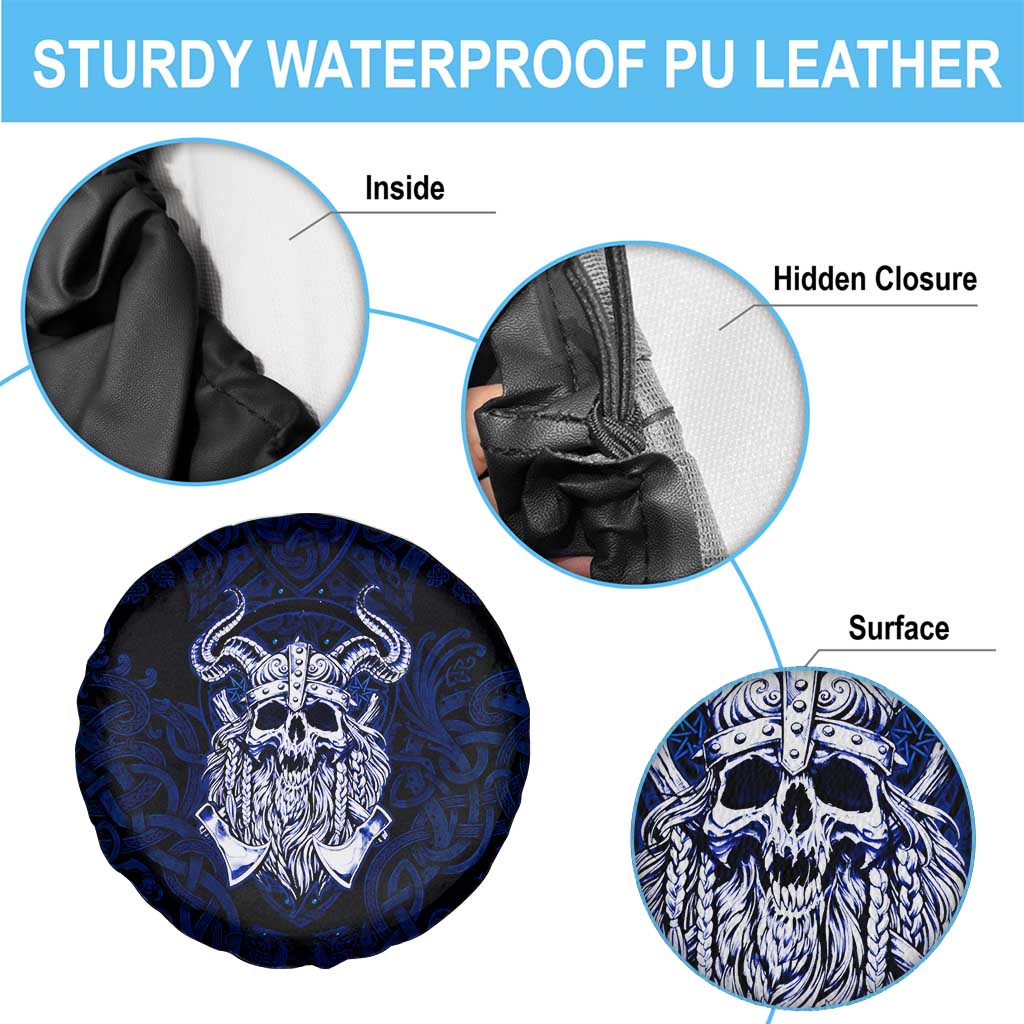Vikings Skull Spare Tire Cover with Horned Helmet, Blue Axes and Runes Norse Warrior Tribute - Wonder Print Shop