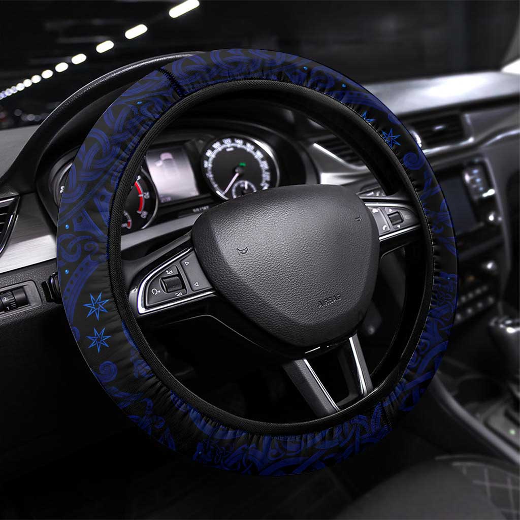 Vikings Skull Steering Wheel Cover with Horned Helmet, Blue Axes and Runes Norse Warrior Tribute - Wonder Print Shop