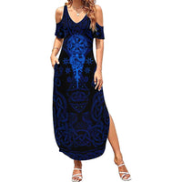 Vikings Skull Summer Maxi Dress with Horned Helmet, Blue Axes and Runes Norse Warrior Tribute - Wonder Print Shop