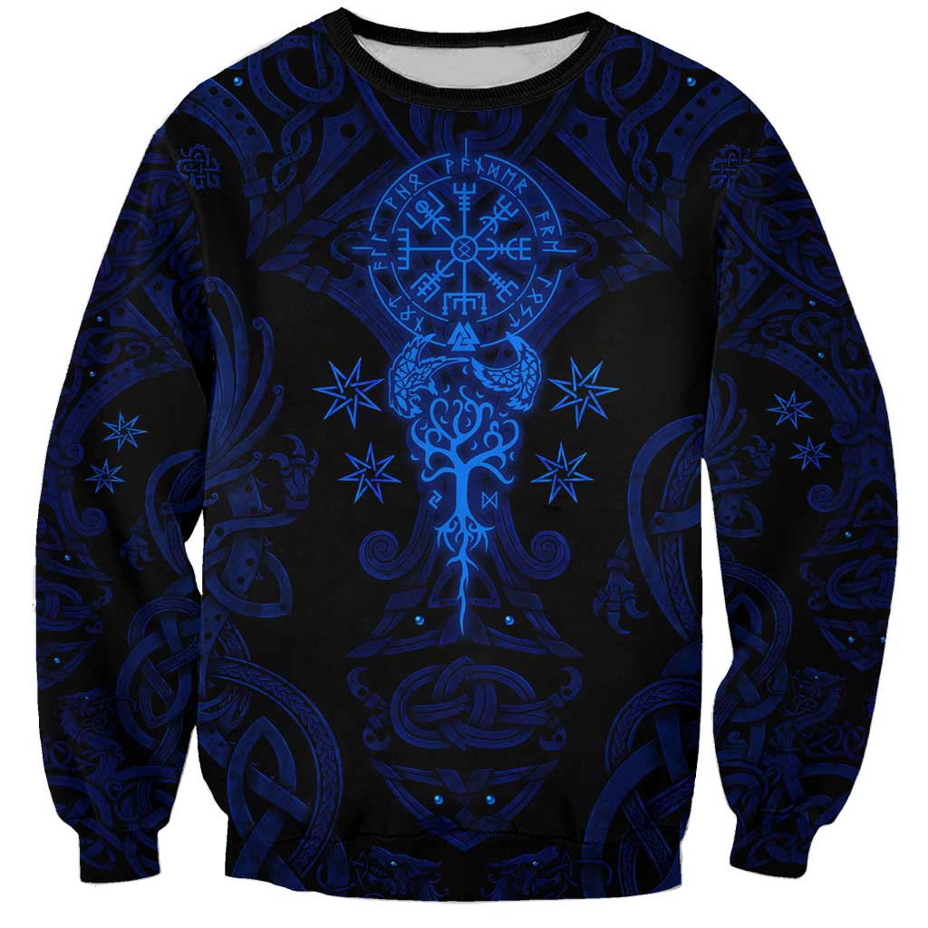 Vikings Skull Sweatshirt with Horned Helmet, Blue Axes and Runes Norse Warrior Tribute - Wonder Print Shop