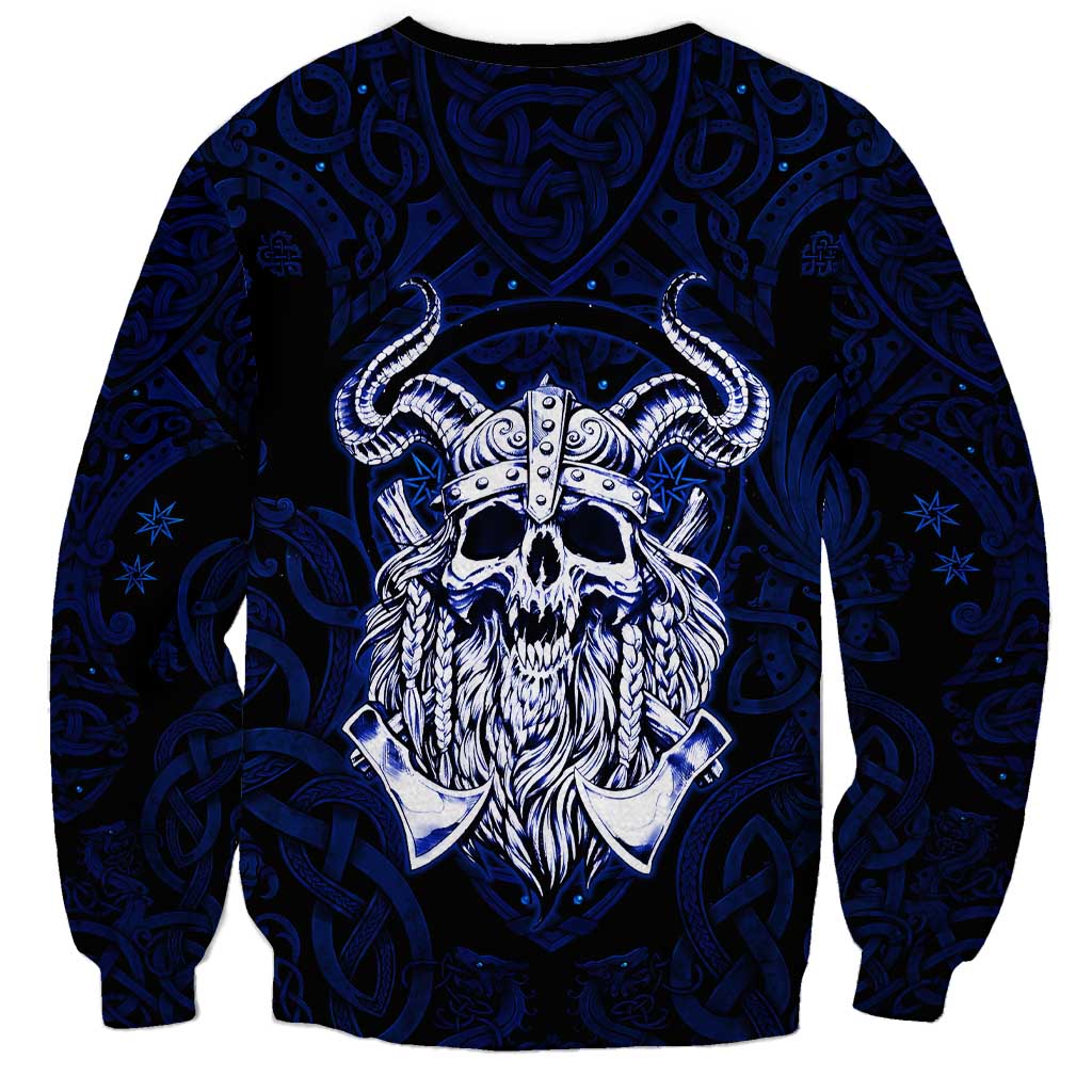 Vikings Skull Sweatshirt with Horned Helmet, Blue Axes and Runes Norse Warrior Tribute - Wonder Print Shop