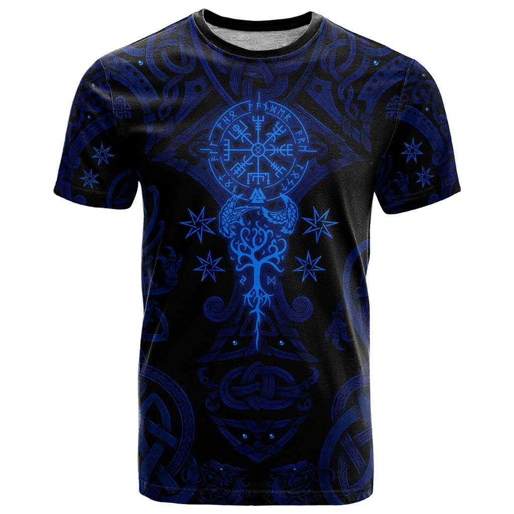 Vikings Skull T Shirt with Horned Helmet, Blue Axes and Runes Norse Warrior Tribute - Wonder Print Shop
