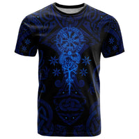 Vikings Skull T Shirt with Horned Helmet, Blue Axes and Runes Norse Warrior Tribute - Wonder Print Shop