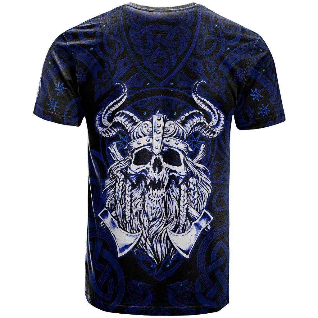 Vikings Skull T Shirt with Horned Helmet, Blue Axes and Runes Norse Warrior Tribute - Wonder Print Shop
