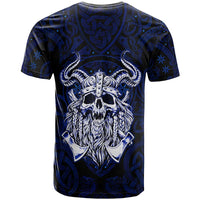 Vikings Skull T Shirt with Horned Helmet, Blue Axes and Runes Norse Warrior Tribute - Wonder Print Shop