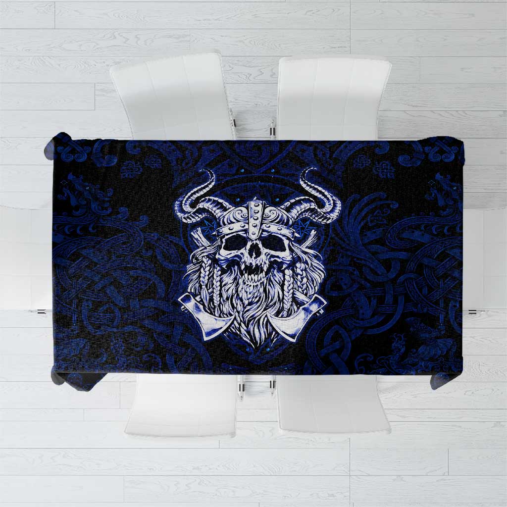 Vikings Skull Tablecloth with Horned Helmet, Blue Axes and Runes Norse Warrior Tribute - Wonder Print Shop
