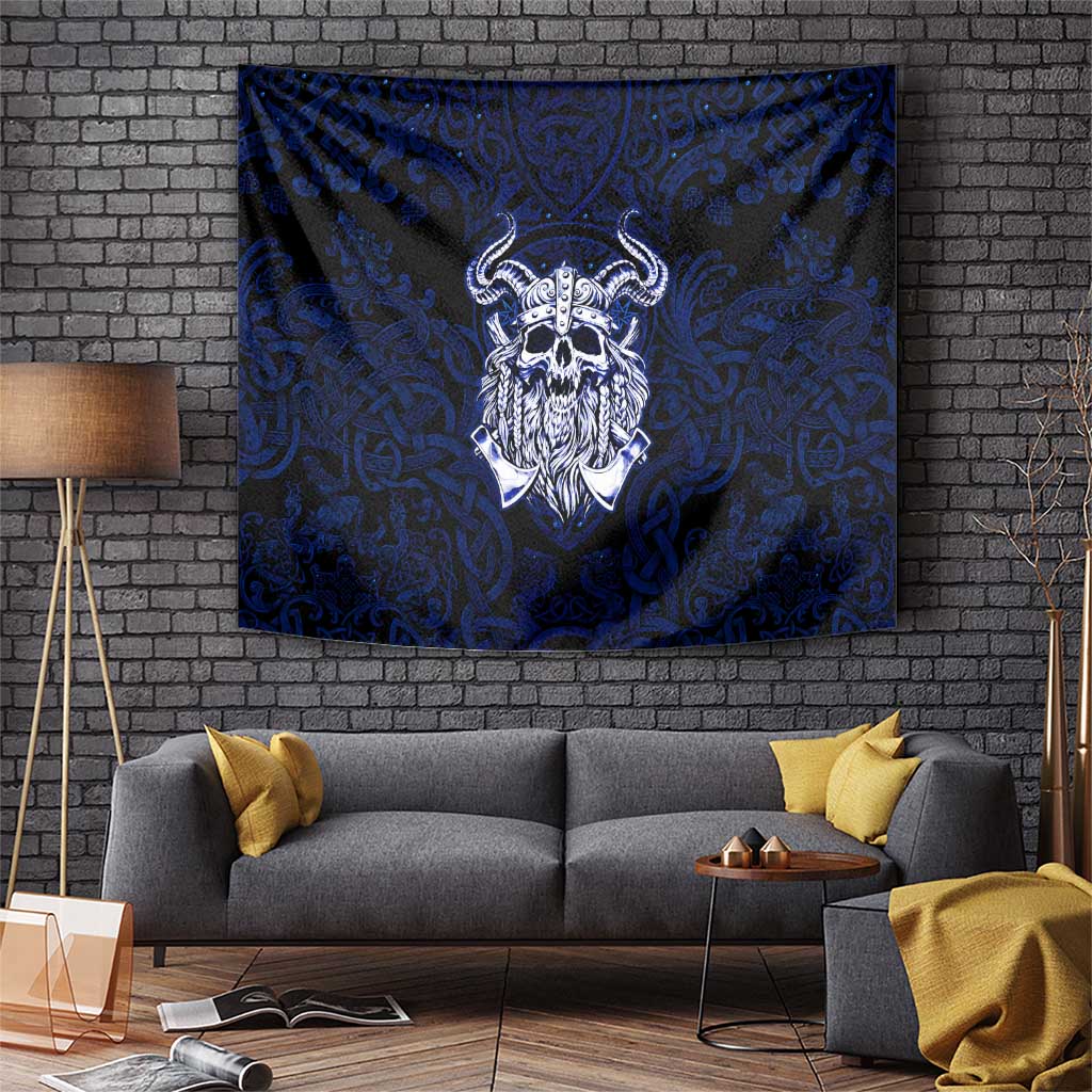 Vikings Skull Tapestry with Horned Helmet, Blue Axes and Runes Norse Warrior Tribute - Wonder Print Shop