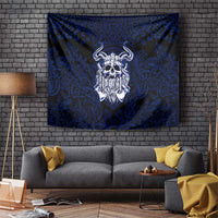 Vikings Skull Tapestry with Horned Helmet, Blue Axes and Runes Norse Warrior Tribute - Wonder Print Shop