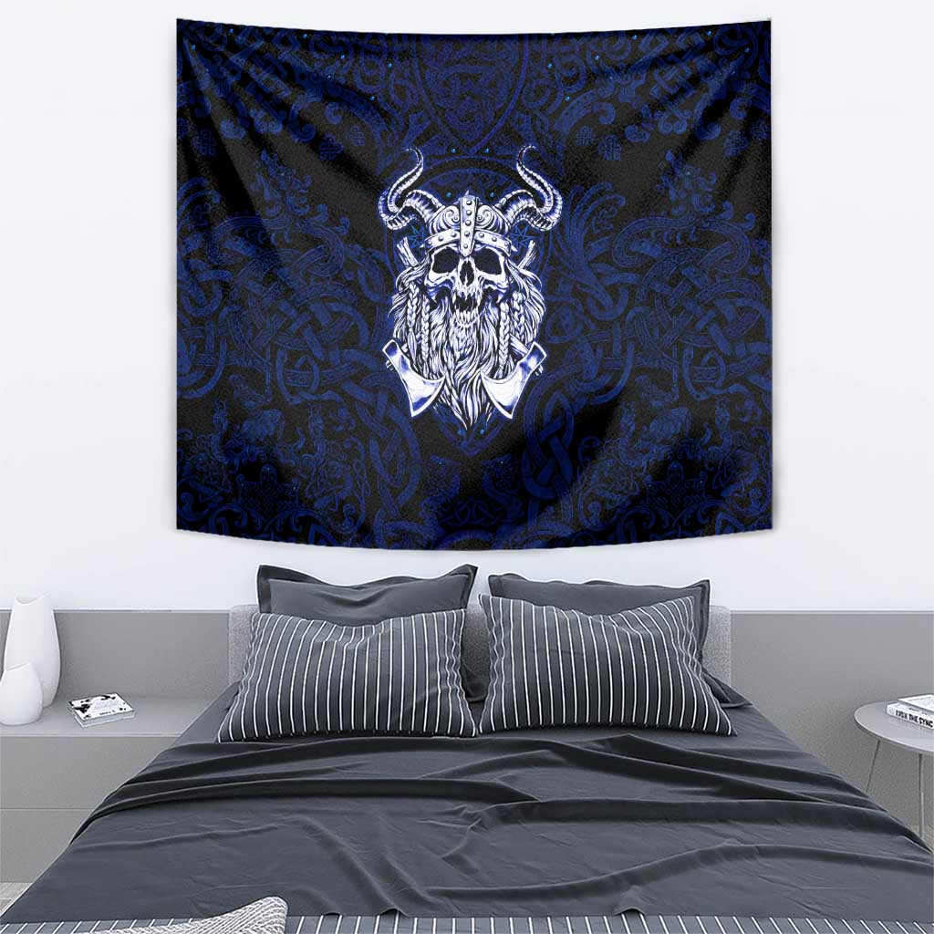 Vikings Skull Tapestry with Horned Helmet, Blue Axes and Runes Norse Warrior Tribute - Wonder Print Shop