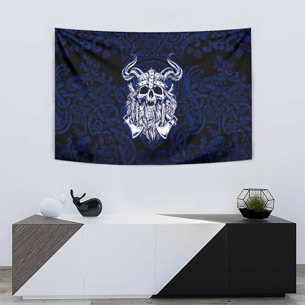 Vikings Skull Tapestry with Horned Helmet, Blue Axes and Runes Norse Warrior Tribute - Wonder Print Shop