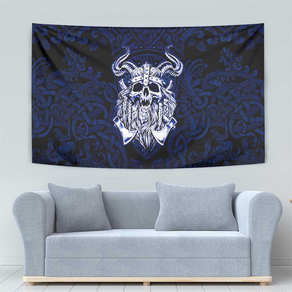 Vikings Skull Tapestry with Horned Helmet, Blue Axes and Runes Norse Warrior Tribute - Wonder Print Shop