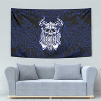 Vikings Skull Tapestry with Horned Helmet, Blue Axes and Runes Norse Warrior Tribute - Wonder Print Shop