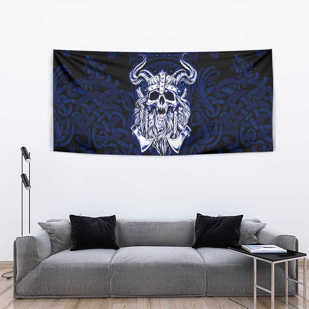 Vikings Skull Tapestry with Horned Helmet, Blue Axes and Runes Norse Warrior Tribute - Wonder Print Shop