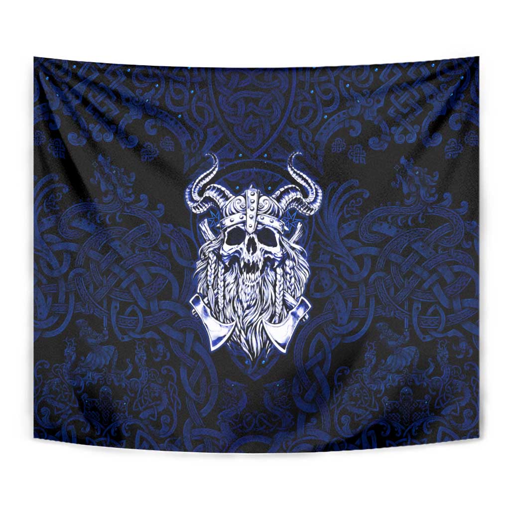 Vikings Skull Tapestry with Horned Helmet, Blue Axes and Runes Norse Warrior Tribute - Wonder Print Shop