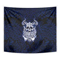 Vikings Skull Tapestry with Horned Helmet, Blue Axes and Runes Norse Warrior Tribute - Wonder Print Shop