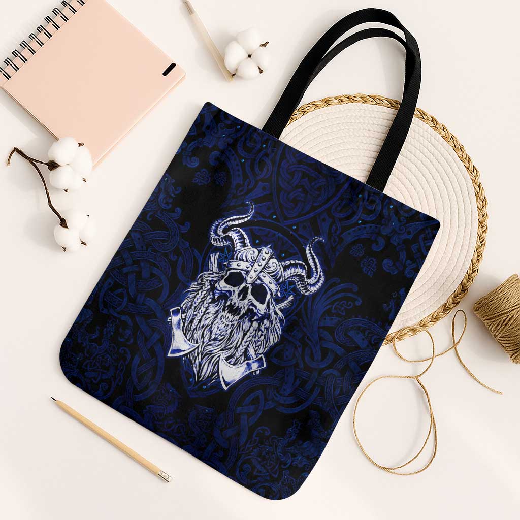Vikings Skull Tote Bag with Horned Helmet, Blue Axes and Runes Norse Warrior Tribute - Wonder Print Shop