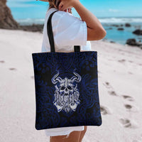 Vikings Skull Tote Bag with Horned Helmet, Blue Axes and Runes Norse Warrior Tribute - Wonder Print Shop