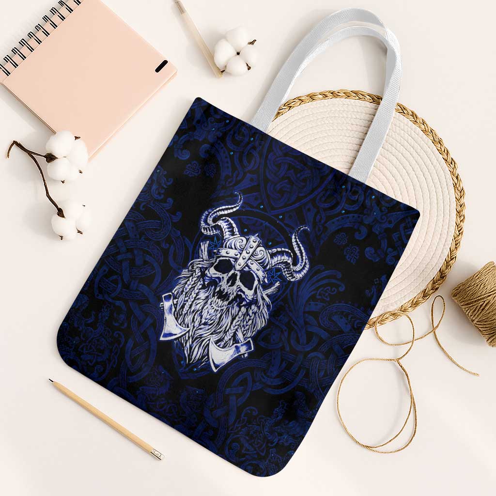 Vikings Skull Tote Bag with Horned Helmet, Blue Axes and Runes Norse Warrior Tribute - Wonder Print Shop