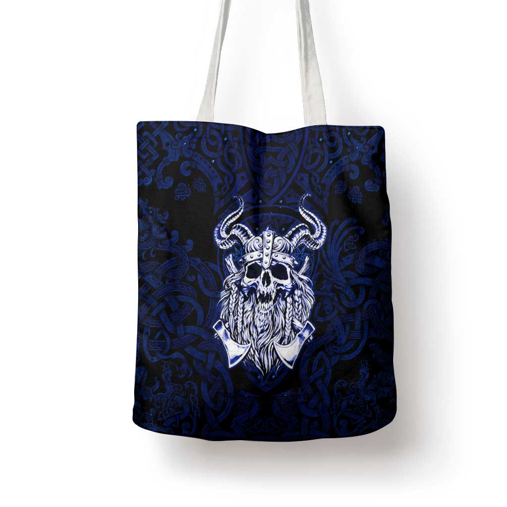 Vikings Skull Tote Bag with Horned Helmet, Blue Axes and Runes Norse Warrior Tribute - Wonder Print Shop