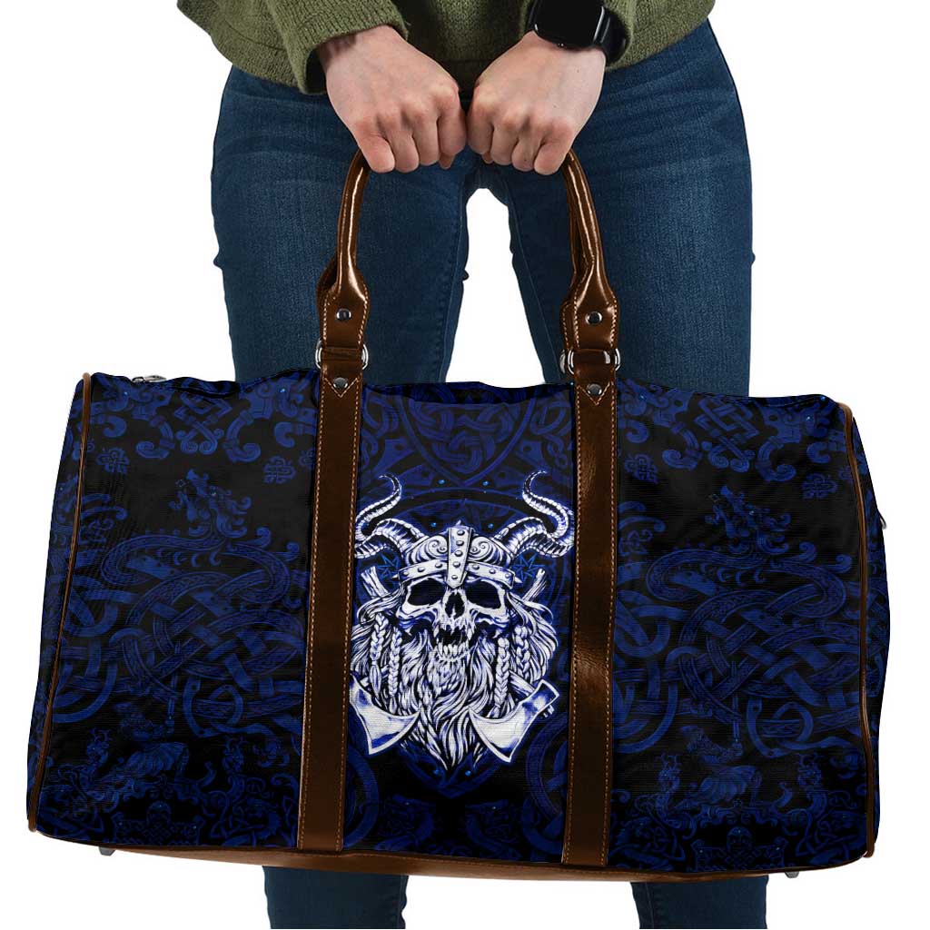 Vikings Skull Travel Bag with Horned Helmet, Blue Axes and Runes Norse Warrior Tribute - Wonder Print Shop