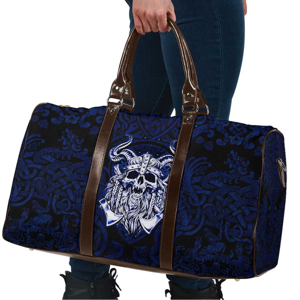 Vikings Skull Travel Bag with Horned Helmet, Blue Axes and Runes Norse Warrior Tribute - Wonder Print Shop