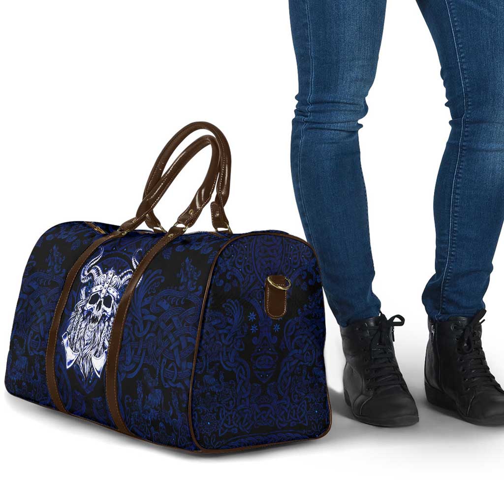 Vikings Skull Travel Bag with Horned Helmet, Blue Axes and Runes Norse Warrior Tribute - Wonder Print Shop