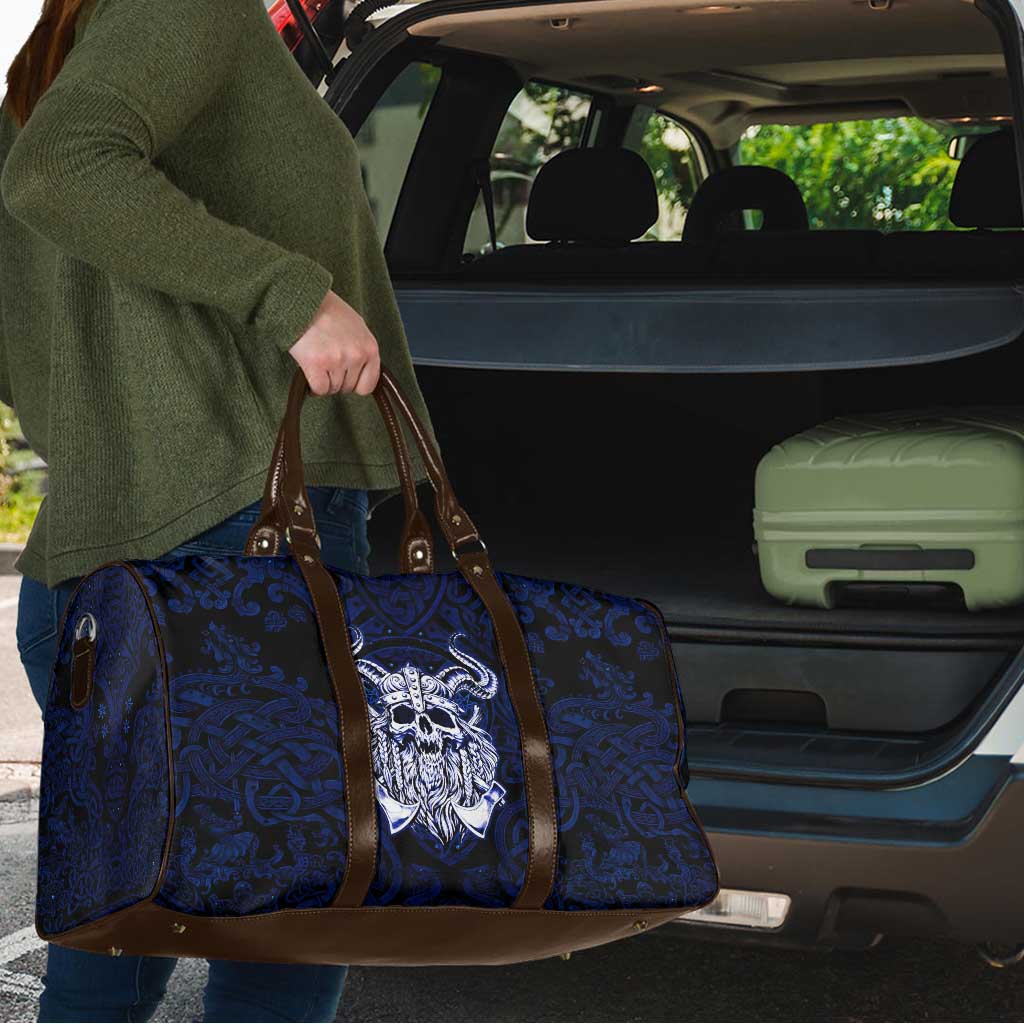 Vikings Skull Travel Bag with Horned Helmet, Blue Axes and Runes Norse Warrior Tribute - Wonder Print Shop