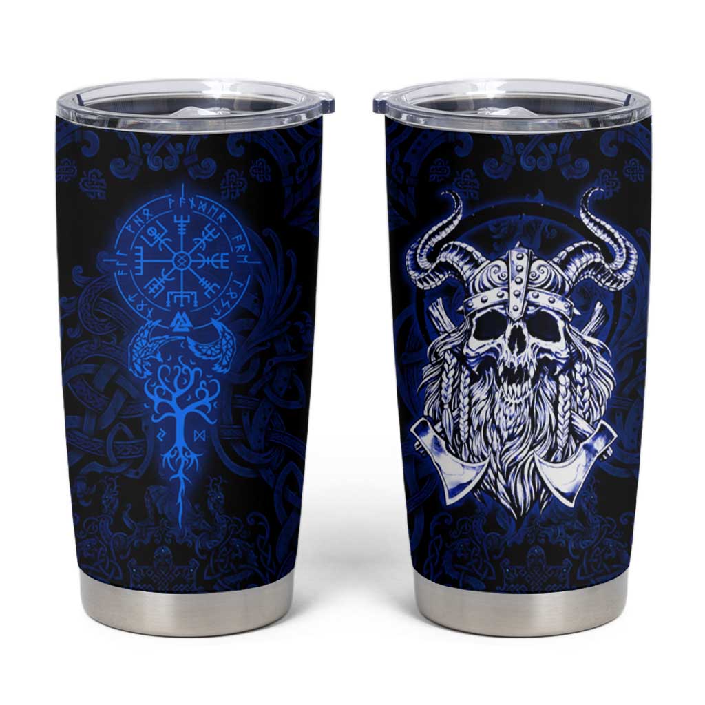 Vikings Skull Tumbler Cup with Horned Helmet, Blue Axes and Runes Norse Warrior Tribute - Wonder Print Shop