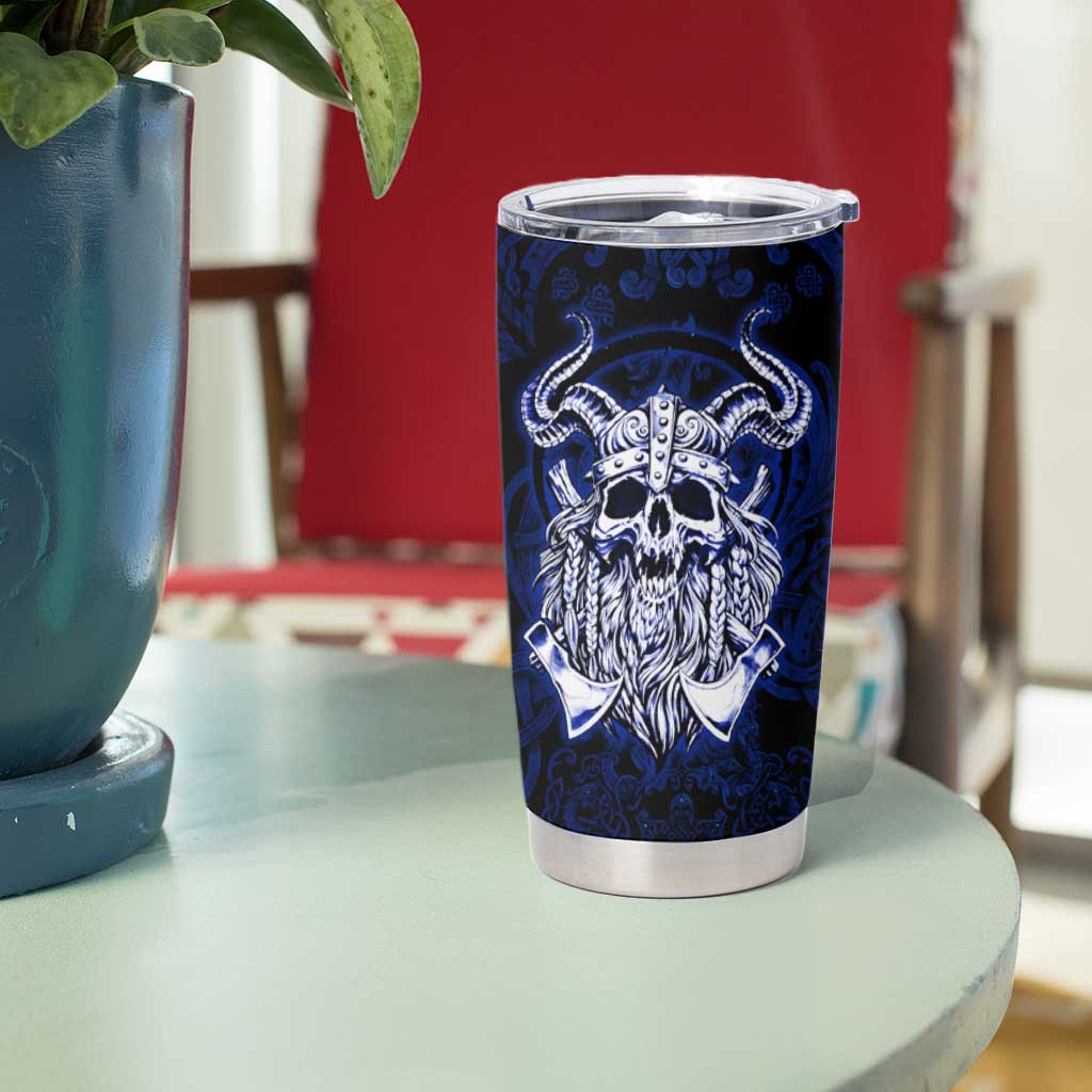 Vikings Skull Tumbler Cup with Horned Helmet, Blue Axes and Runes Norse Warrior Tribute - Wonder Print Shop