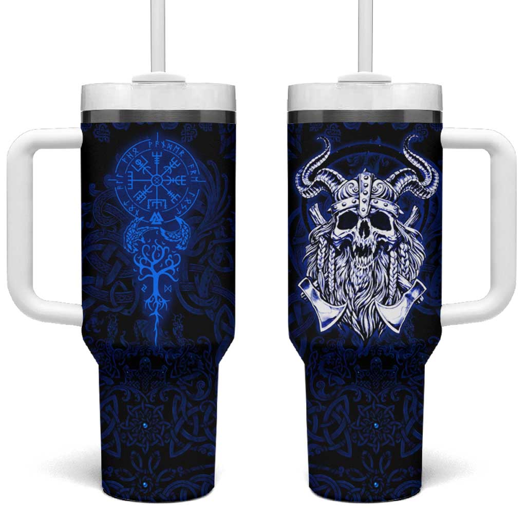 Vikings Skull Tumbler With Handle with Horned Helmet, Blue Axes and Runes Norse Warrior Tribute - Wonder Print Shop