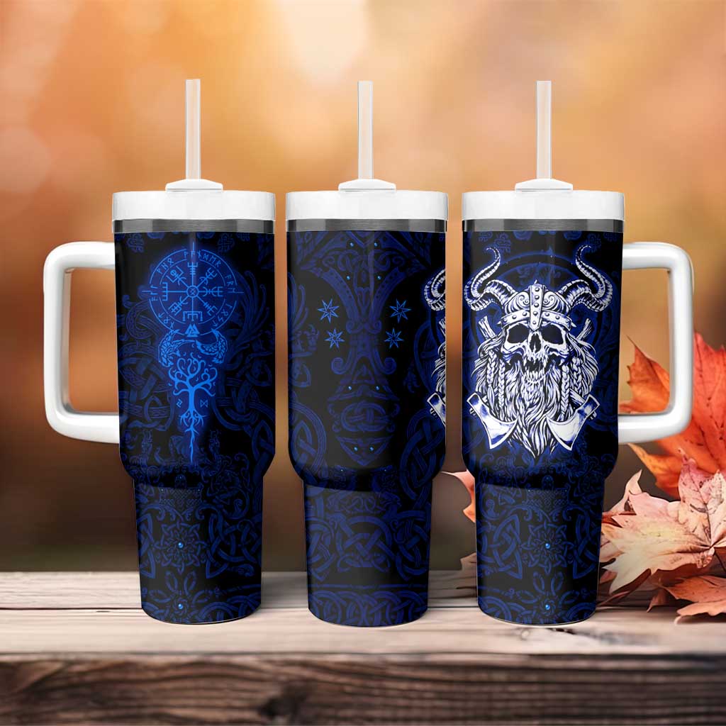 Vikings Skull Tumbler With Handle with Horned Helmet, Blue Axes and Runes Norse Warrior Tribute - Wonder Print Shop