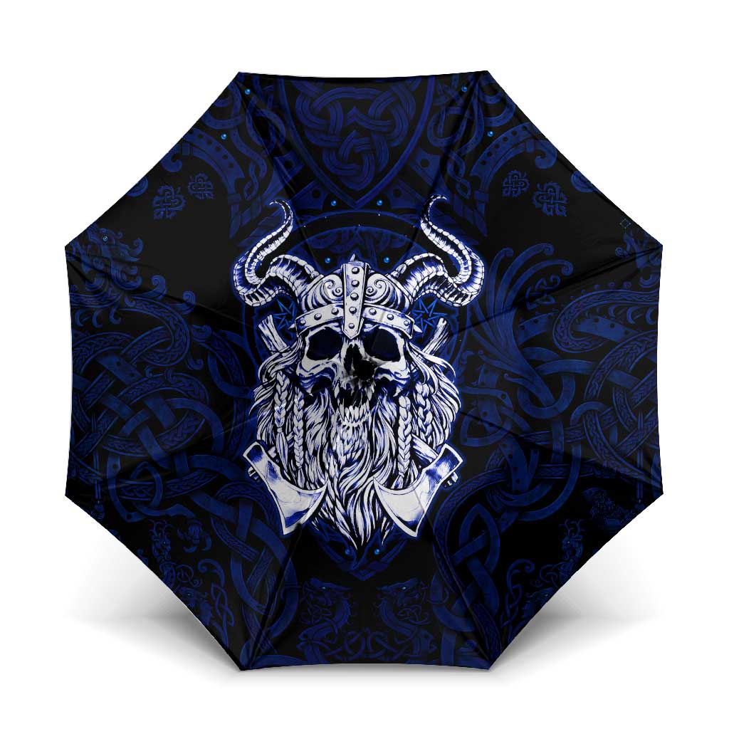 Vikings Skull Umbrella with Horned Helmet, Blue Axes and Runes Norse Warrior Tribute - Wonder Print Shop