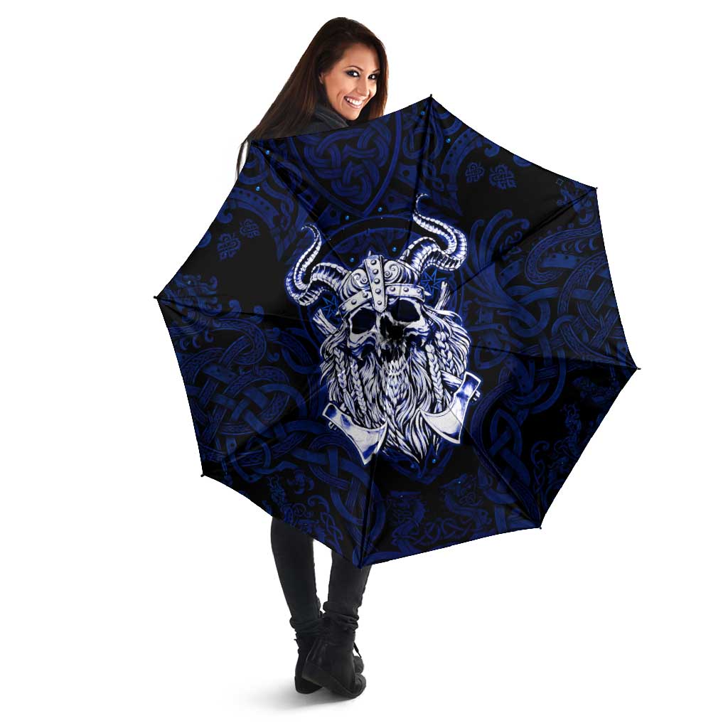 Vikings Skull Umbrella with Horned Helmet, Blue Axes and Runes Norse Warrior Tribute - Wonder Print Shop