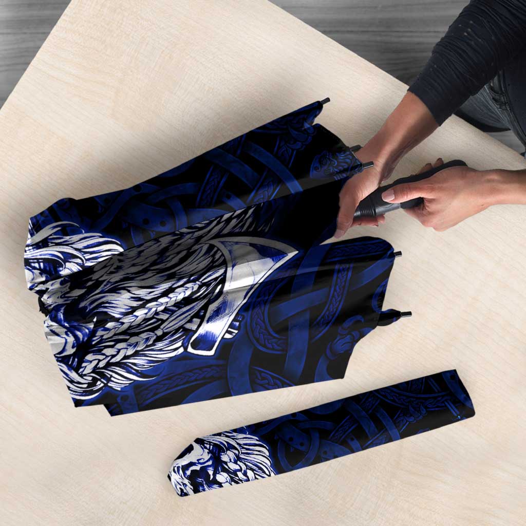 Vikings Skull Umbrella with Horned Helmet, Blue Axes and Runes Norse Warrior Tribute - Wonder Print Shop