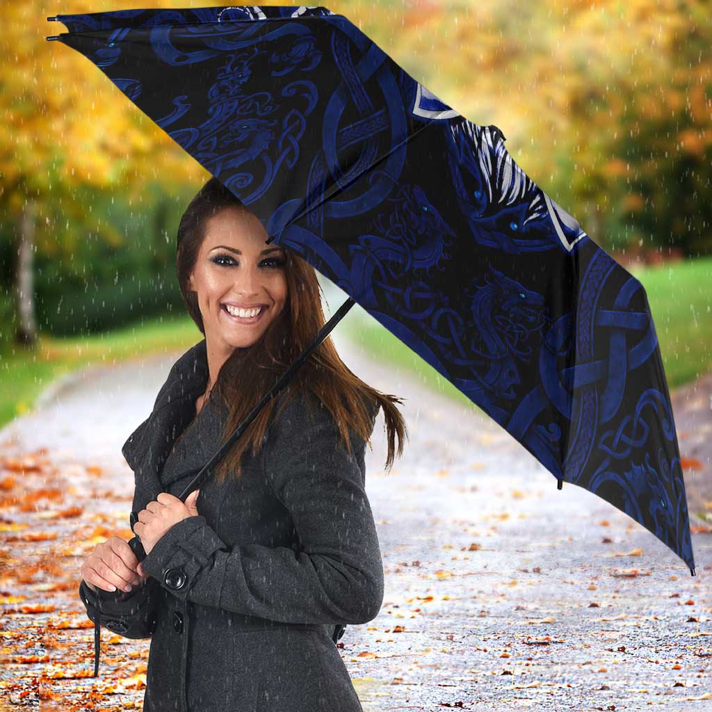 Vikings Skull Umbrella with Horned Helmet, Blue Axes and Runes Norse Warrior Tribute - Wonder Print Shop