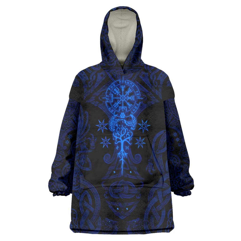 Vikings Skull Wearable Blanket Hoodie with Horned Helmet, Blue Axes and Runes Norse Warrior Tribute - Wonder Print Shop