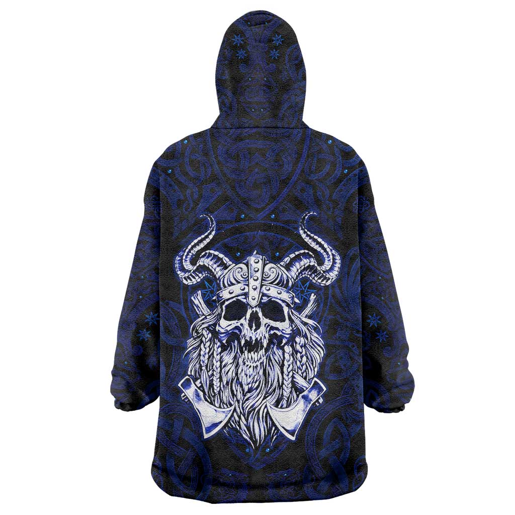 Vikings Skull Wearable Blanket Hoodie with Horned Helmet, Blue Axes and Runes Norse Warrior Tribute - Wonder Print Shop