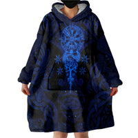 Vikings Skull Wearable Blanket Hoodie with Horned Helmet, Blue Axes and Runes Norse Warrior Tribute - Wonder Print Shop