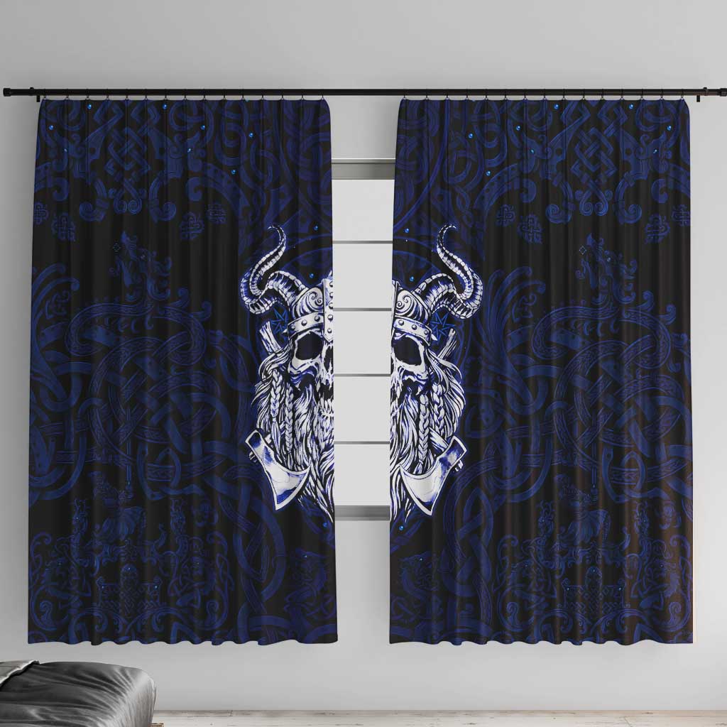 Vikings Skull Window Curtain with Horned Helmet, Blue Axes and Runes Norse Warrior Tribute - Wonder Print Shop