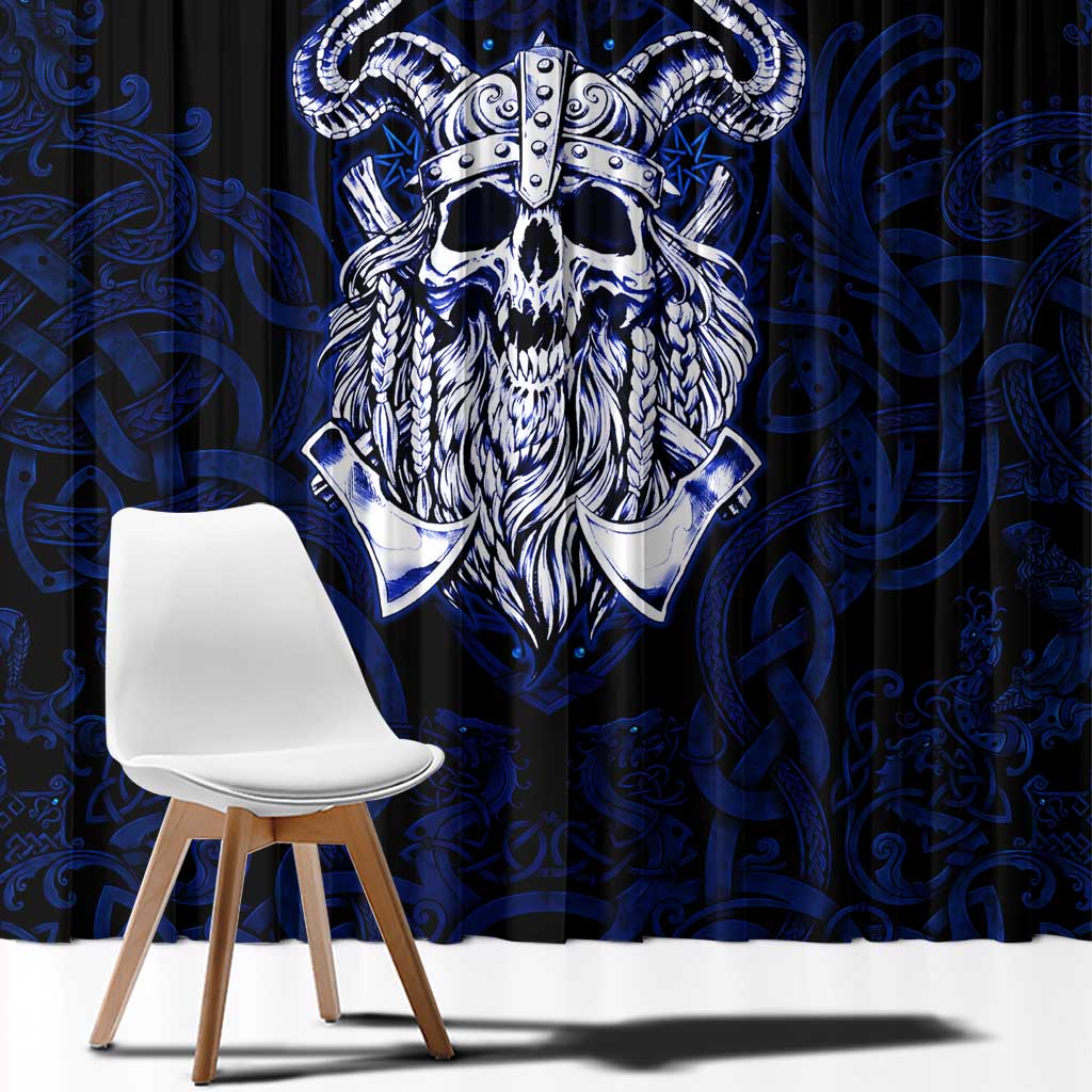 Vikings Skull Window Curtain with Horned Helmet, Blue Axes and Runes Norse Warrior Tribute - Wonder Print Shop
