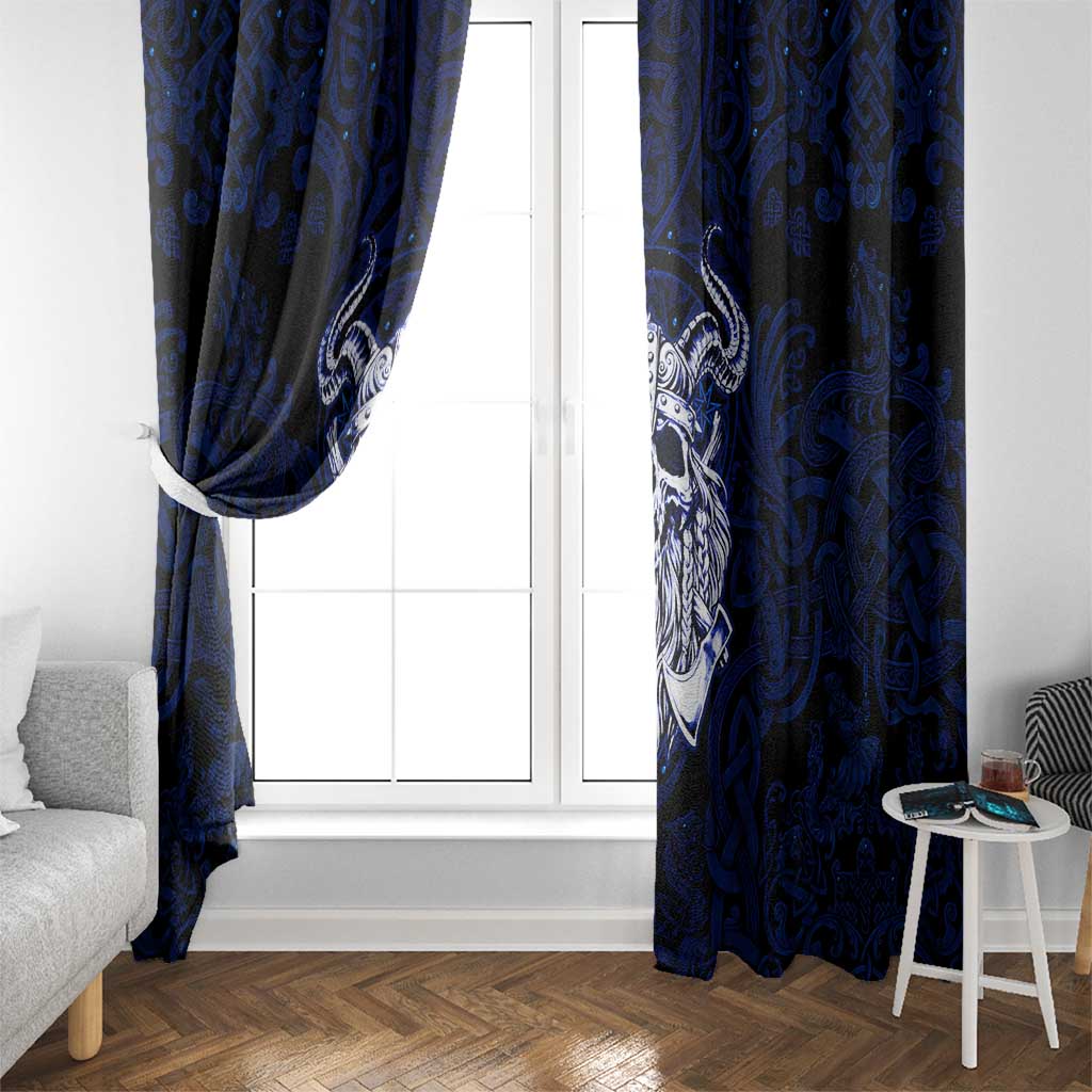 Vikings Skull Window Curtain with Horned Helmet, Blue Axes and Runes Norse Warrior Tribute - Wonder Print Shop