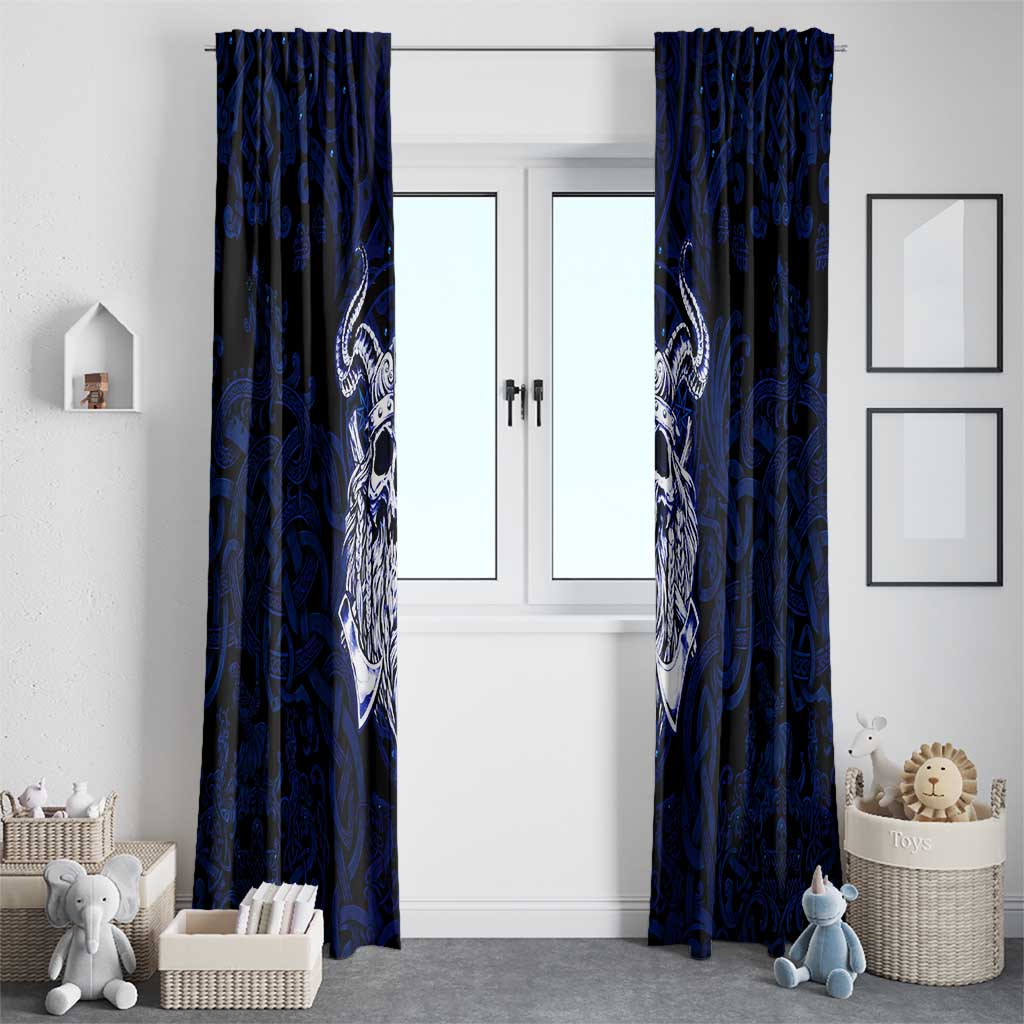 Vikings Skull Window Curtain with Horned Helmet, Blue Axes and Runes Norse Warrior Tribute - Wonder Print Shop