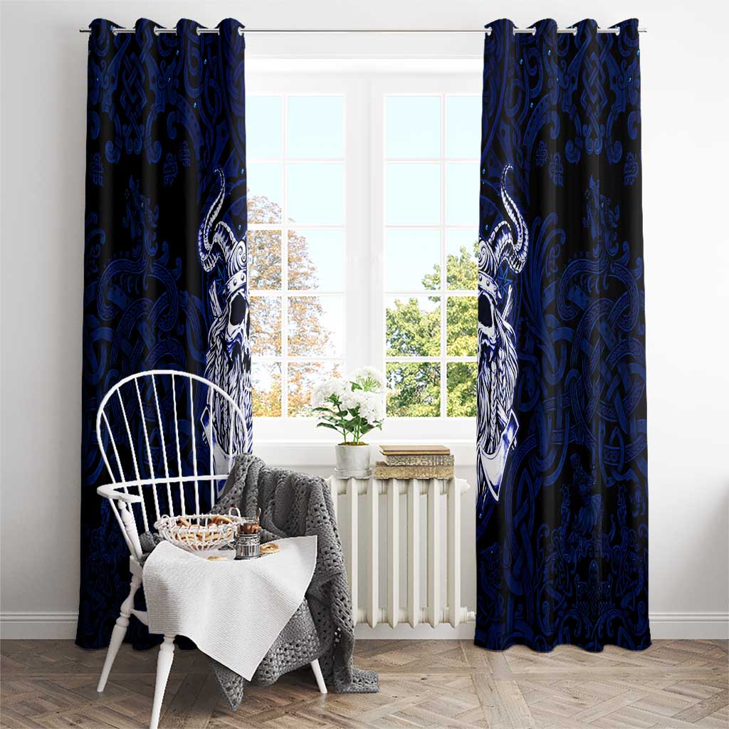 Vikings Skull Window Curtain with Horned Helmet, Blue Axes and Runes Norse Warrior Tribute - Wonder Print Shop