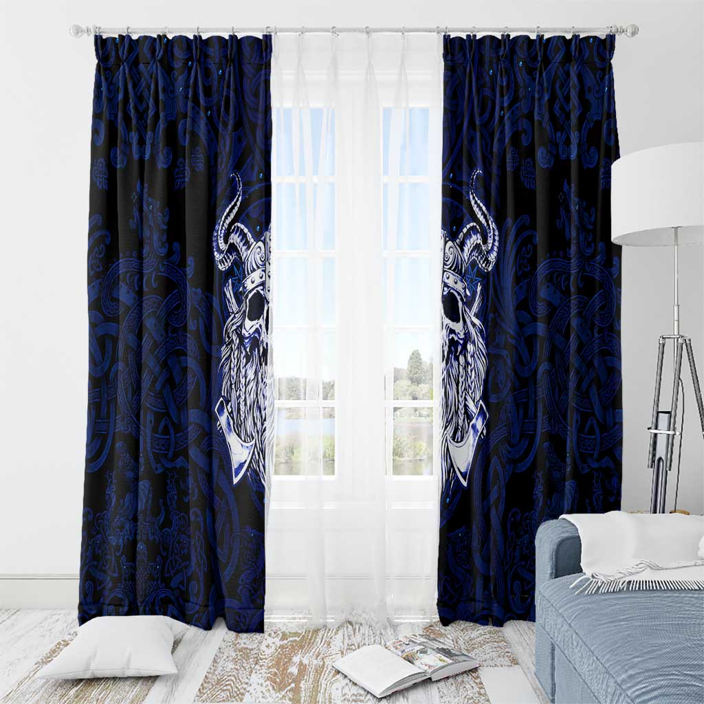 Vikings Skull Window Curtain with Horned Helmet, Blue Axes and Runes Norse Warrior Tribute - Wonder Print Shop