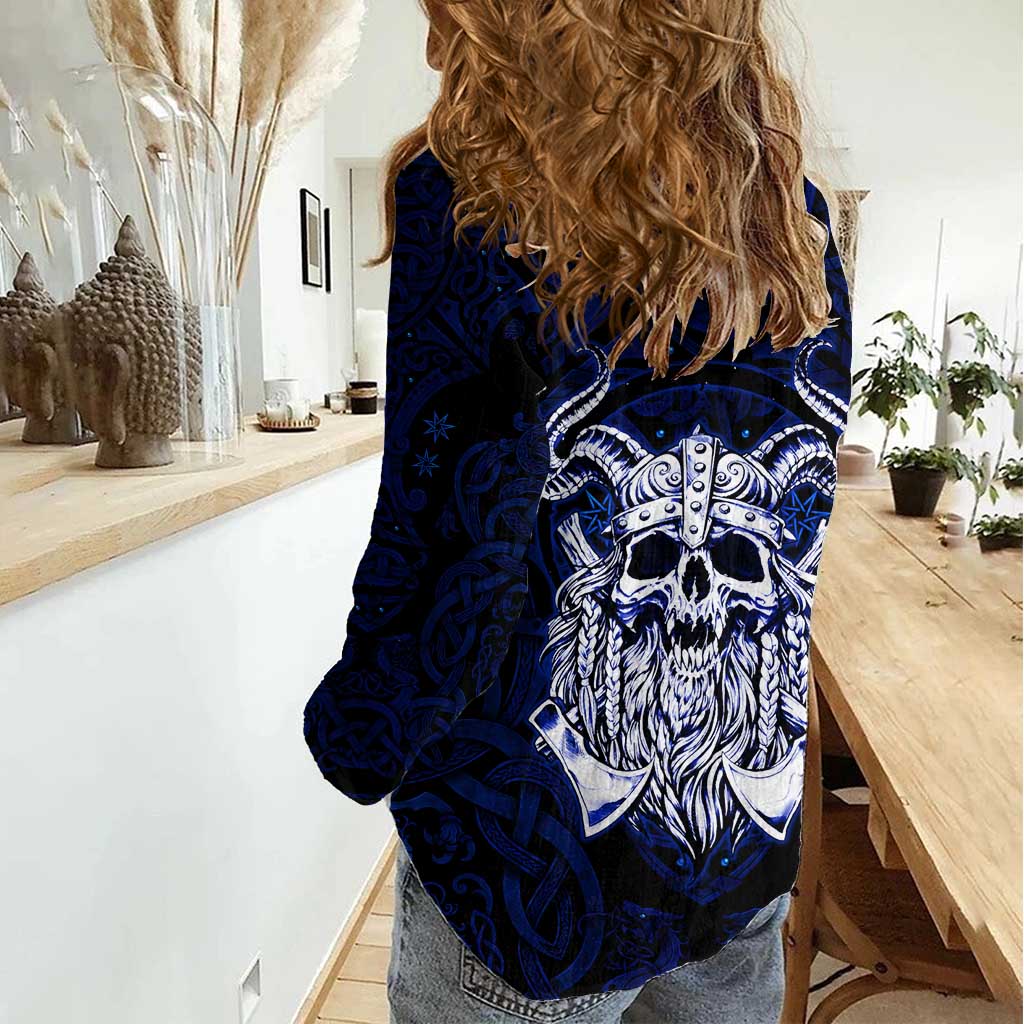 Vikings Skull Women Casual Shirt with Horned Helmet, Blue Axes and Runes Norse Warrior Tribute - Wonder Print Shop