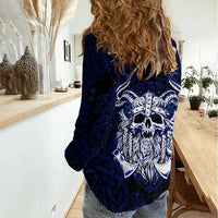 Vikings Skull Women Casual Shirt with Horned Helmet, Blue Axes and Runes Norse Warrior Tribute - Wonder Print Shop