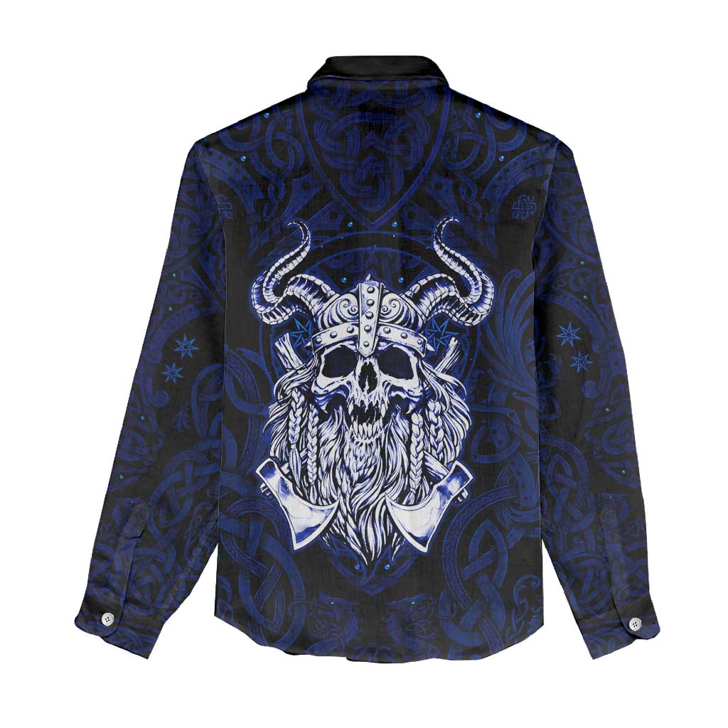 Vikings Skull Women Casual Shirt with Horned Helmet, Blue Axes and Runes Norse Warrior Tribute - Wonder Print Shop