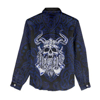 Vikings Skull Women Casual Shirt with Horned Helmet, Blue Axes and Runes Norse Warrior Tribute - Wonder Print Shop