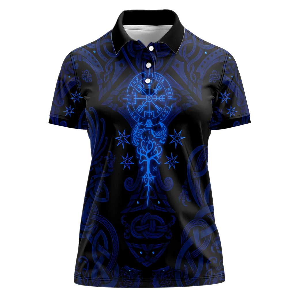 Vikings Skull Women Polo Shirt with Horned Helmet, Blue Axes and Runes Norse Warrior Tribute - Wonder Print Shop