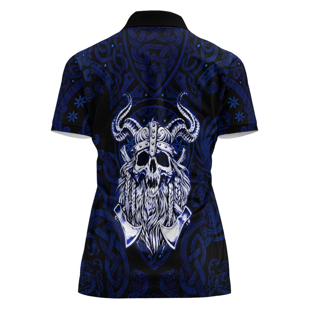 Vikings Skull Women Polo Shirt with Horned Helmet, Blue Axes and Runes Norse Warrior Tribute - Wonder Print Shop